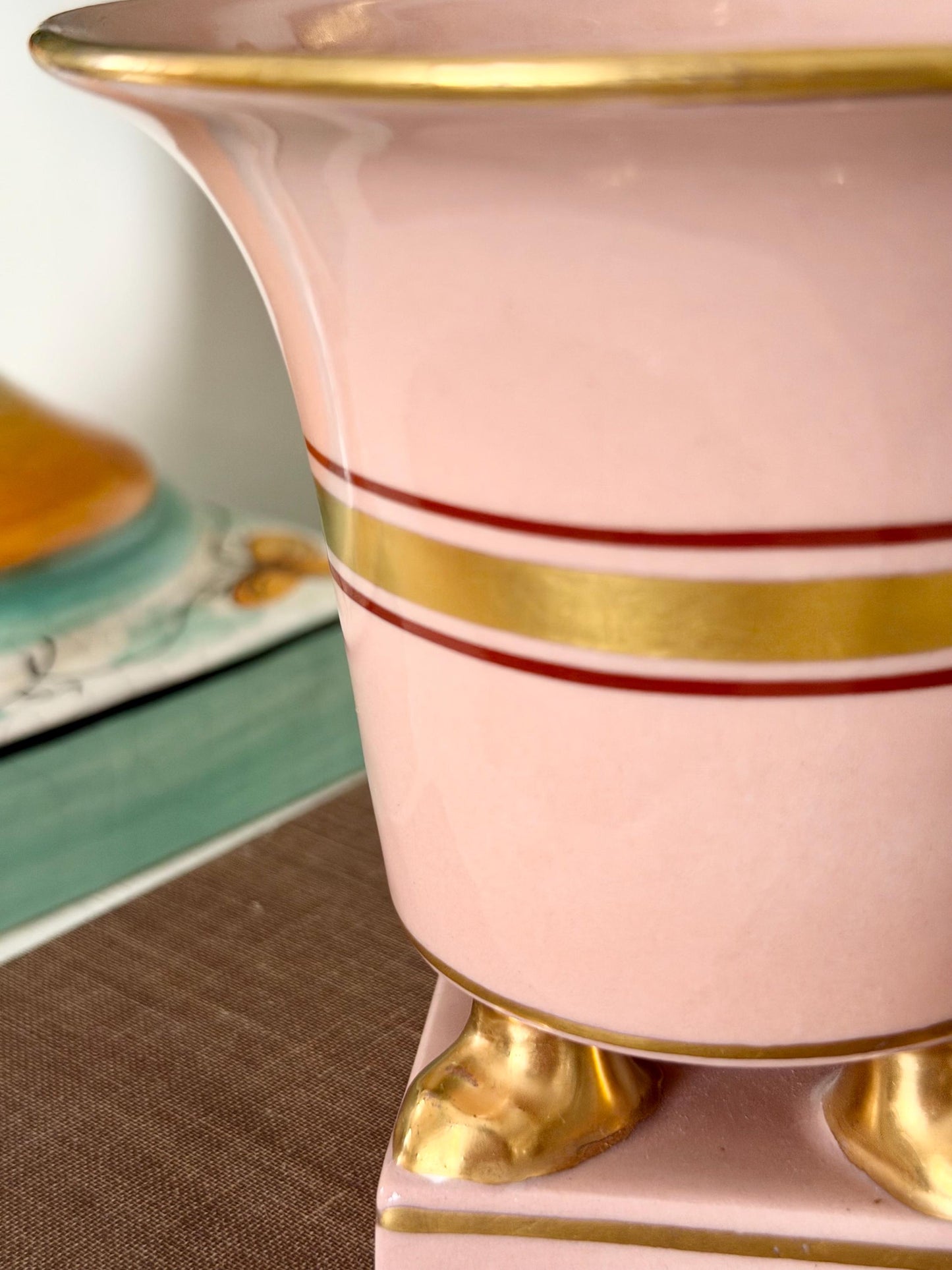 Empire Herend-style pink footed vase on base with gold band