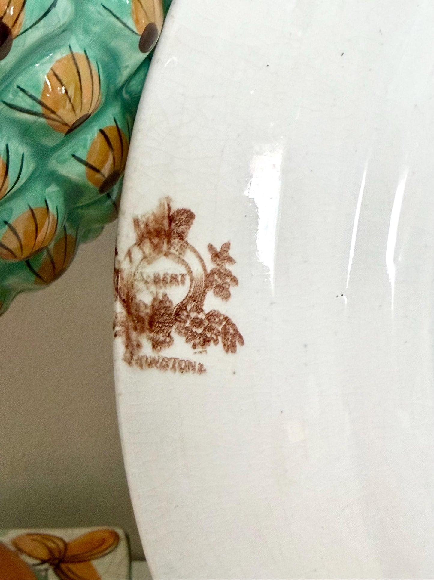 antique aesthetic movement flora and fauna hand-colored ironstone transferware plate
