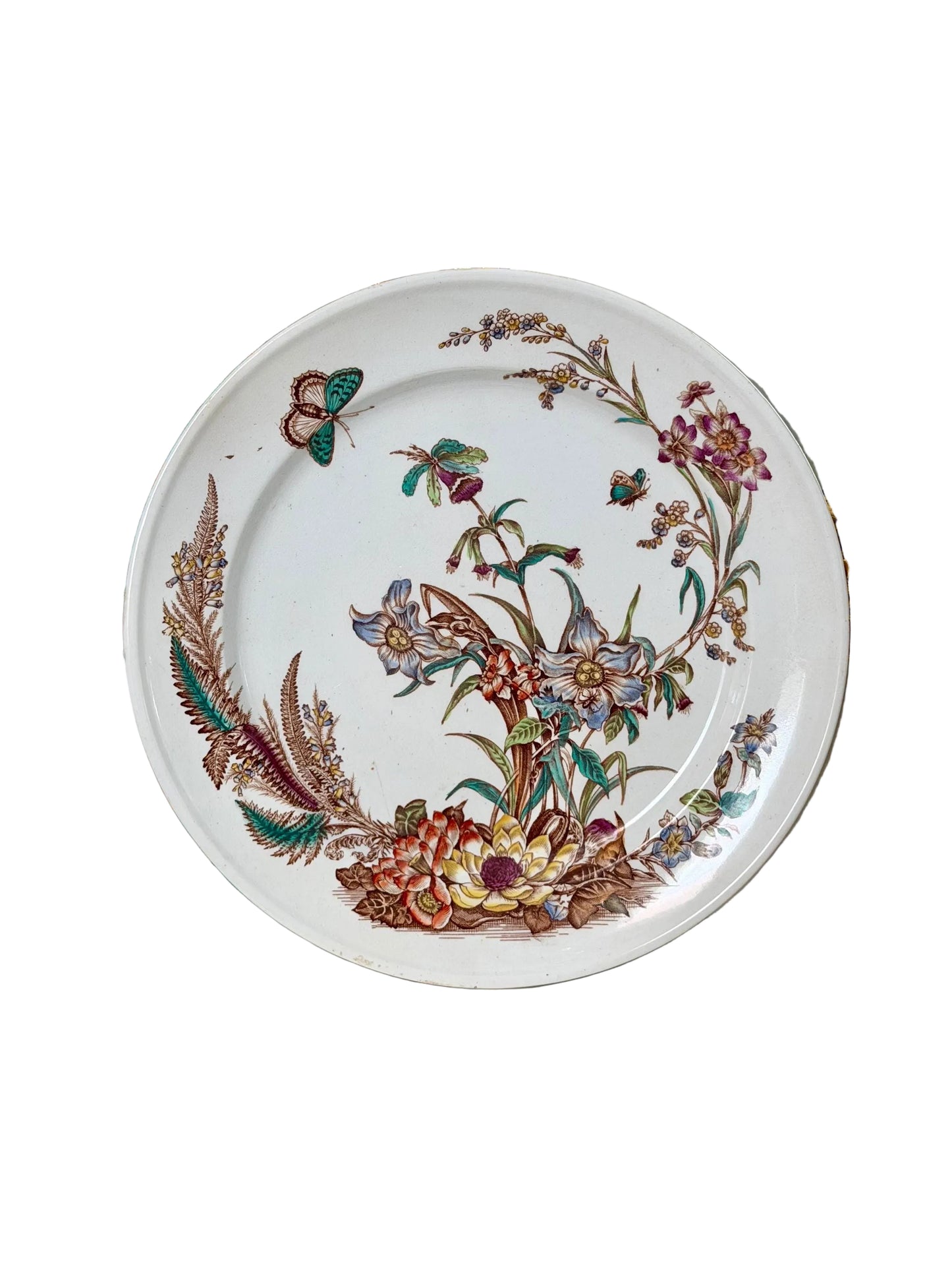 antique aesthetic movement flora and fauna hand-colored ironstone transferware plate