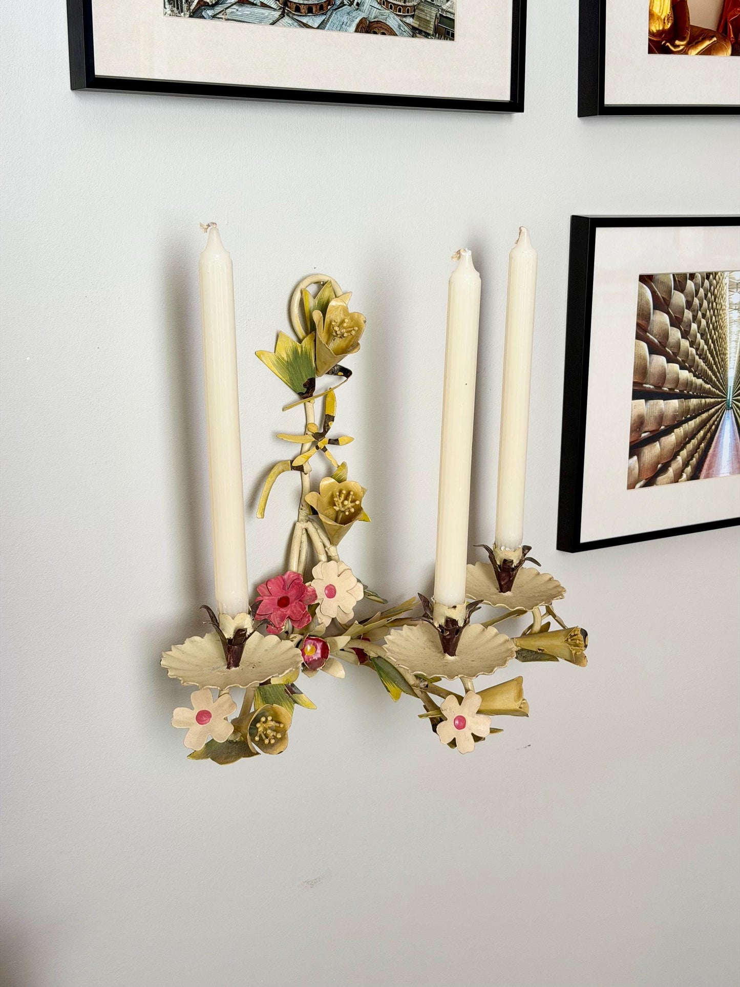 floral three-candle toleware sconce
