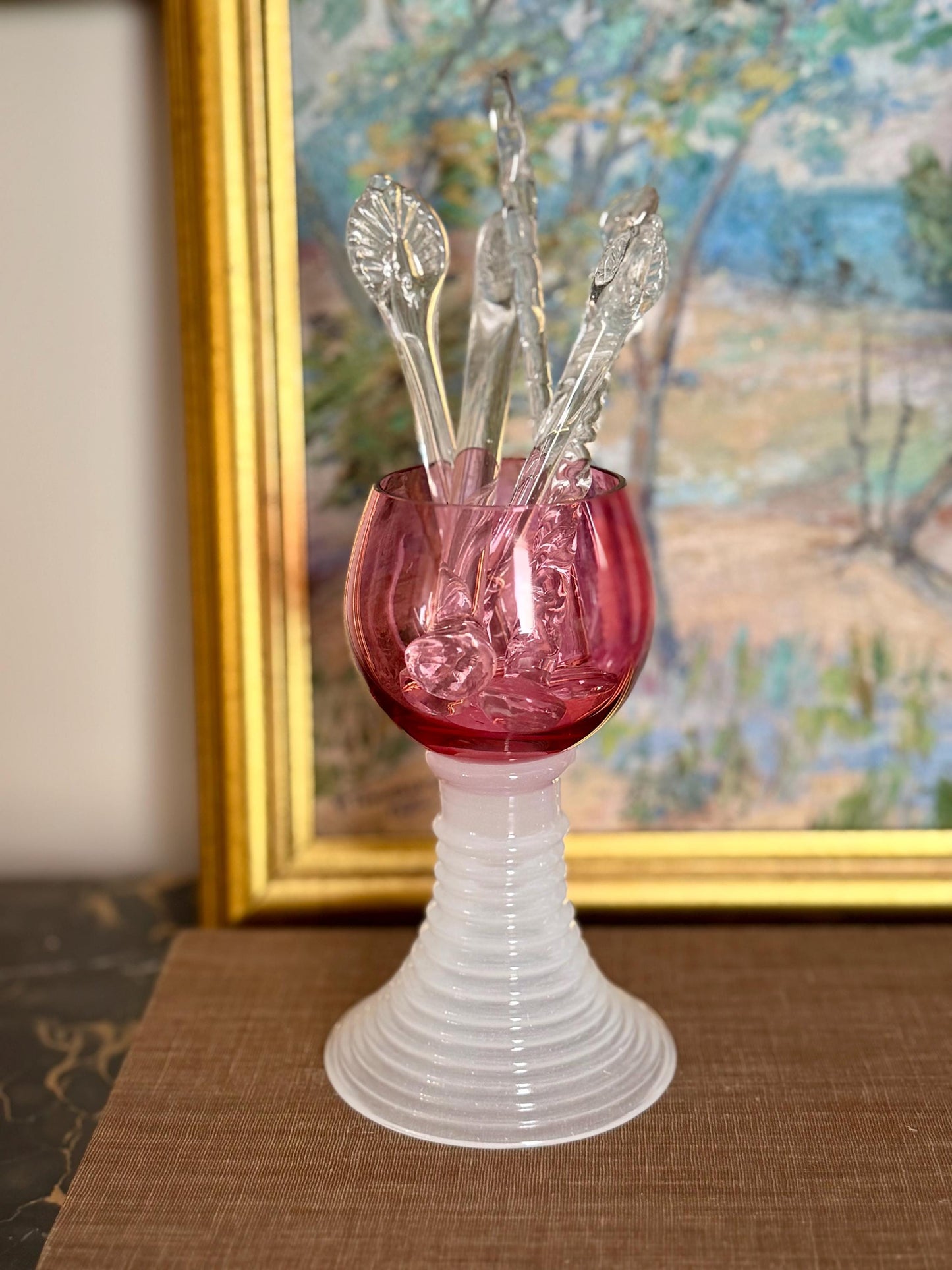 Roemer German cranberry and opaline glass with ribbed stem