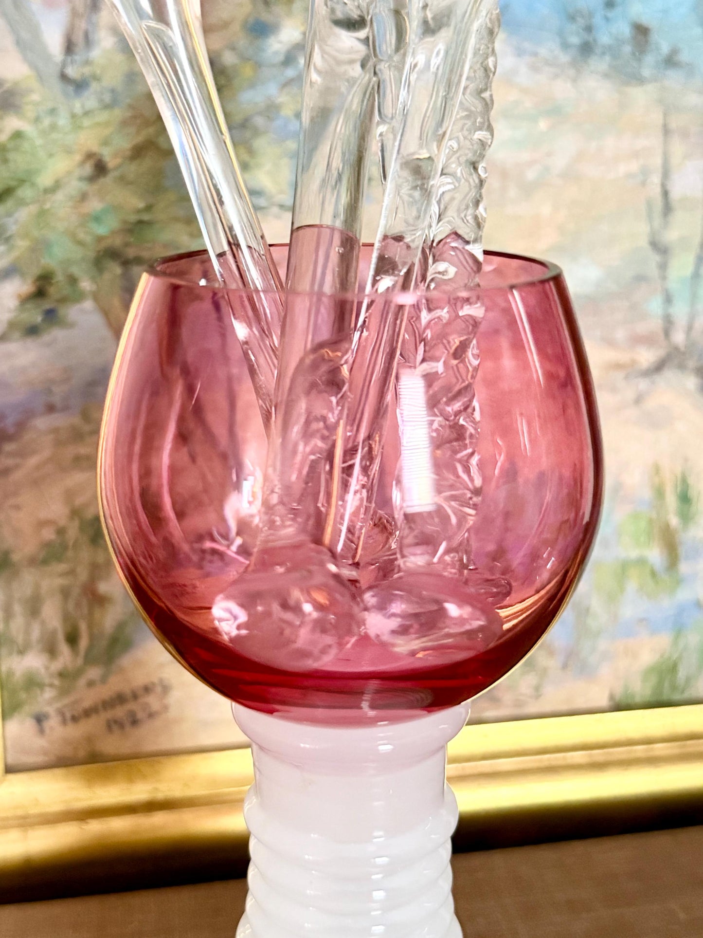 Roemer German cranberry and opaline glass with ribbed stem
