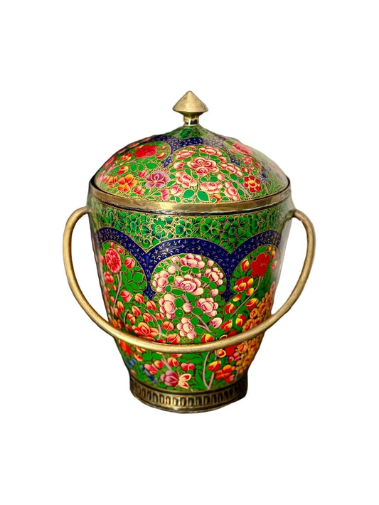 colorful hand painted Kashmiri lidded canister with handle