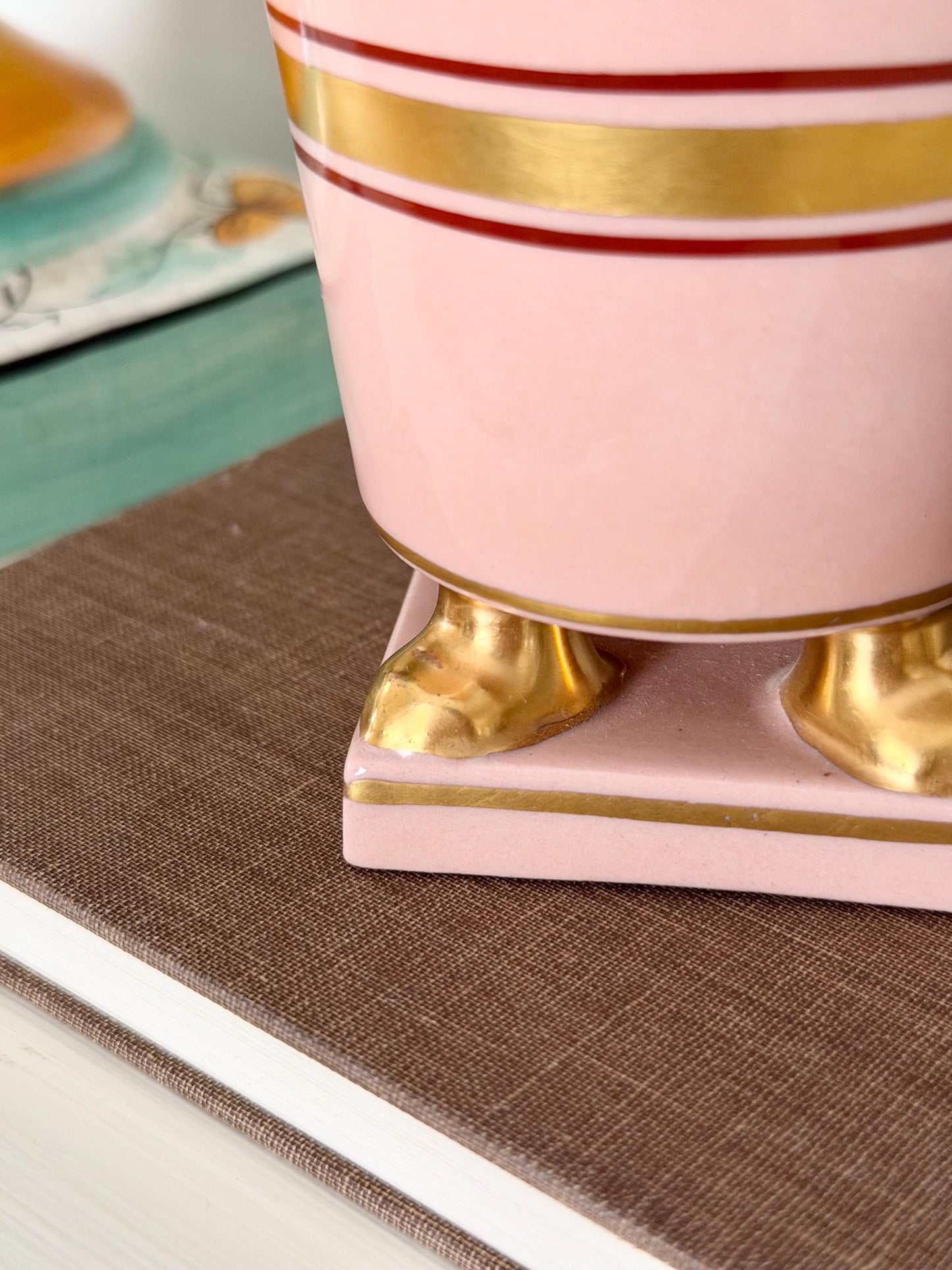 Empire Herend-style pink footed vase on base with gold band