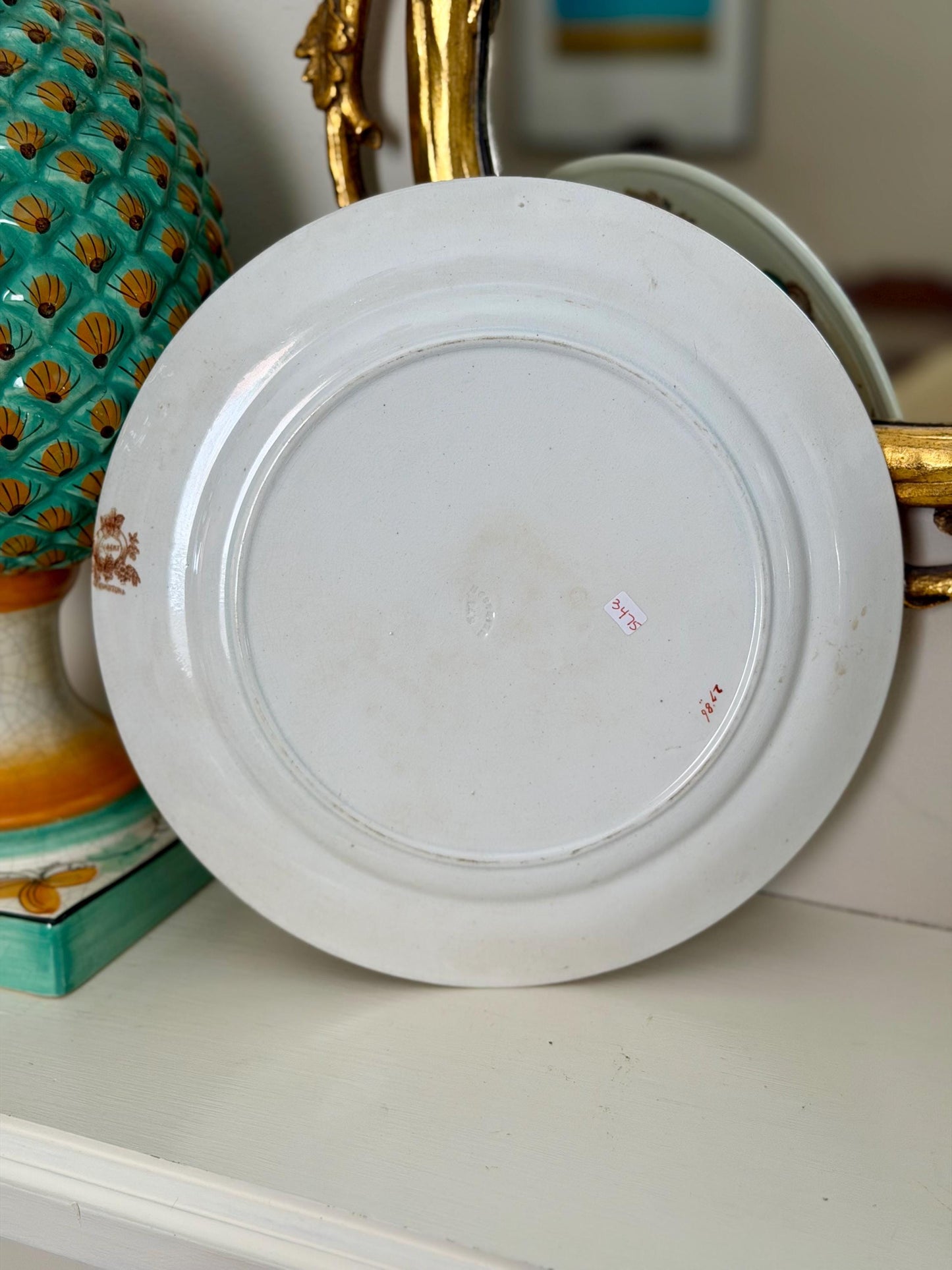 antique aesthetic movement flora and fauna hand-colored ironstone transferware plate