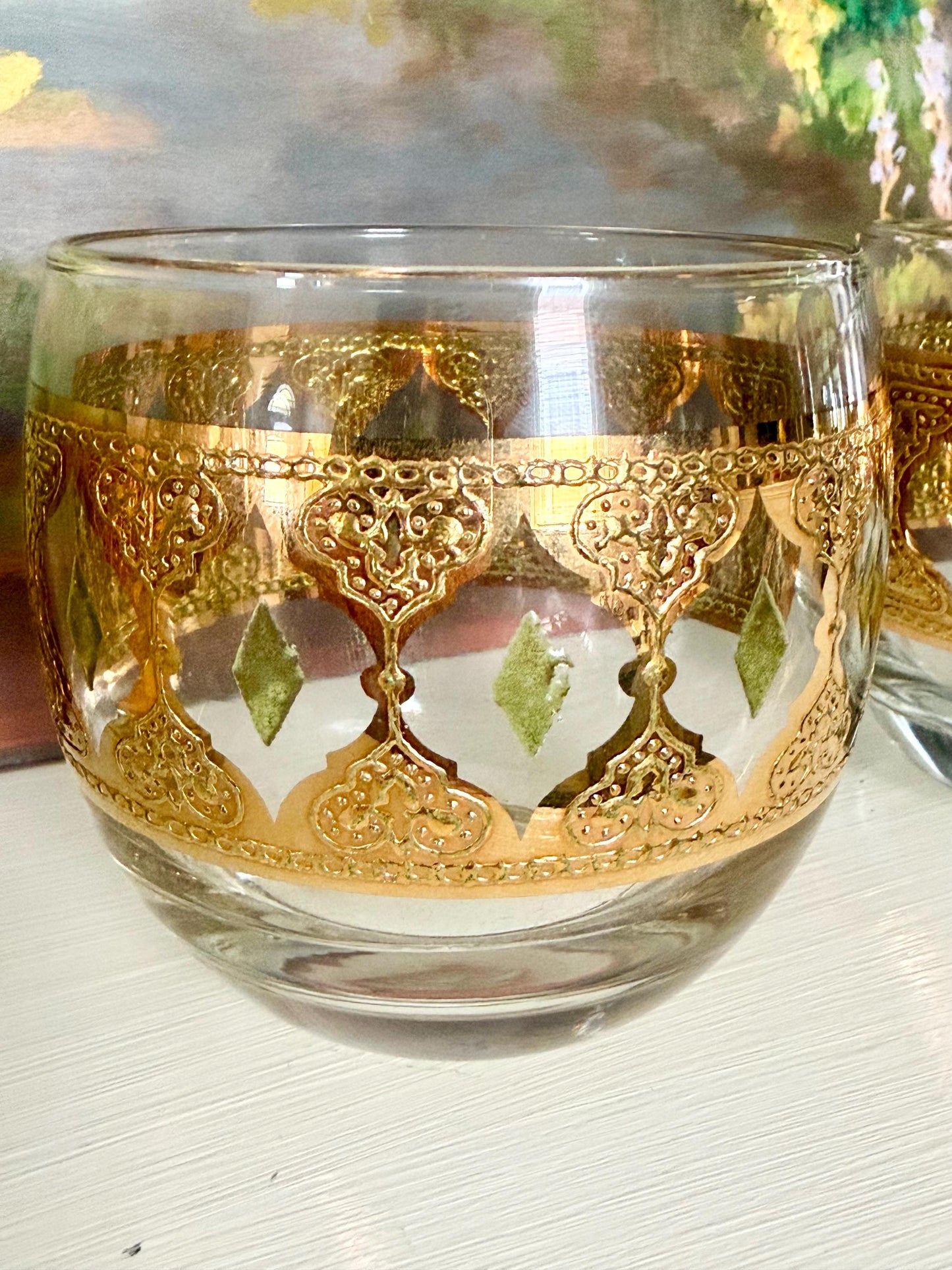 Culver Valencia green and gold roly poly glasses, set of 4