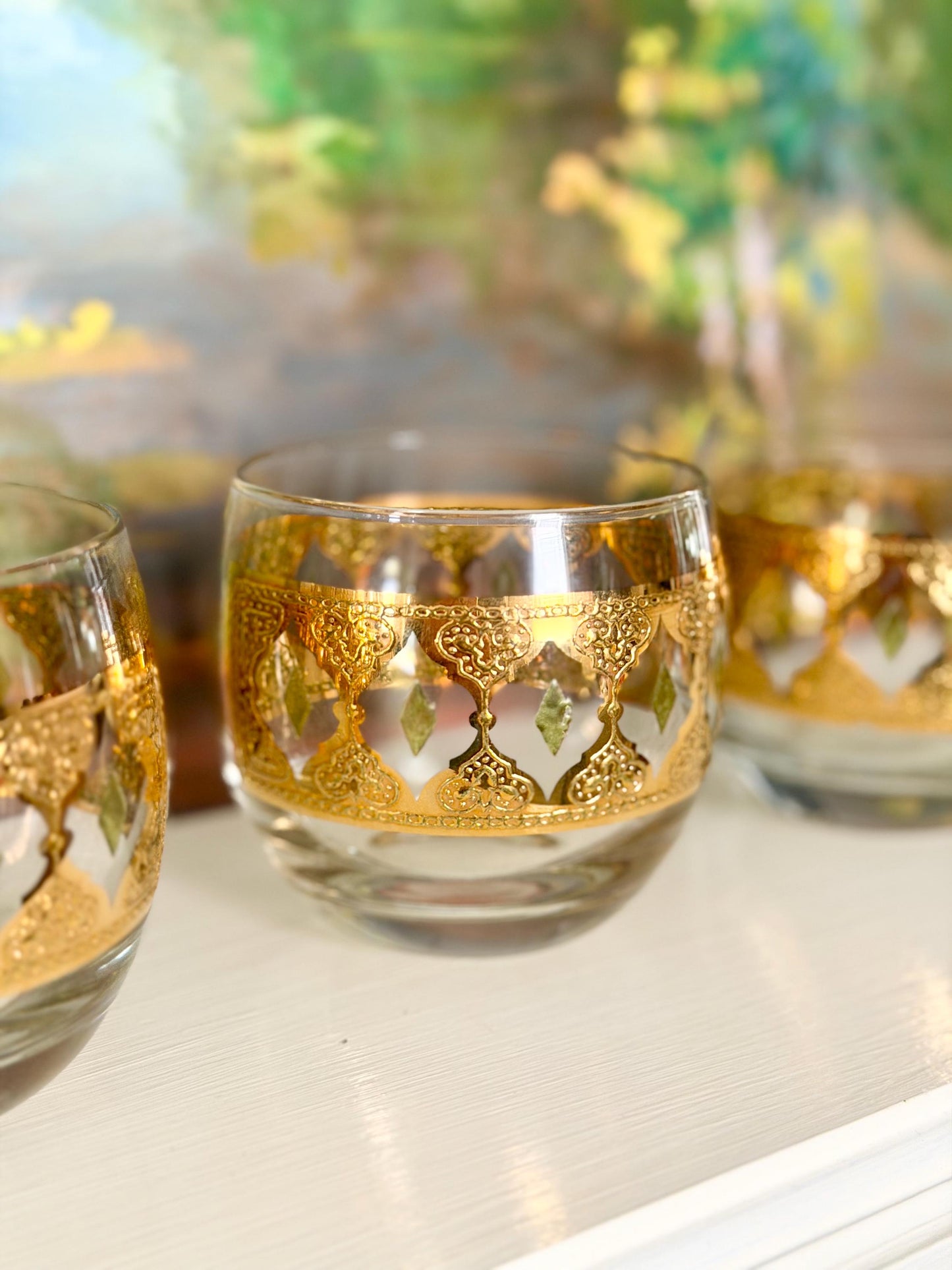 Culver Valencia green and gold roly poly glasses, set of 4