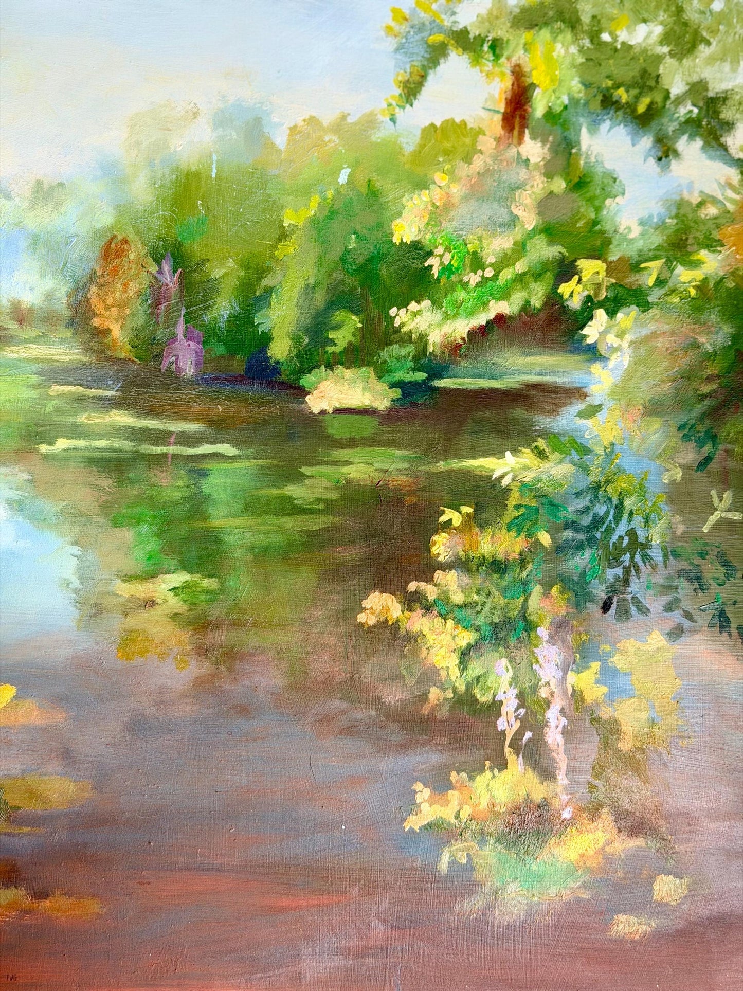 painterly lagoon oil painting on board