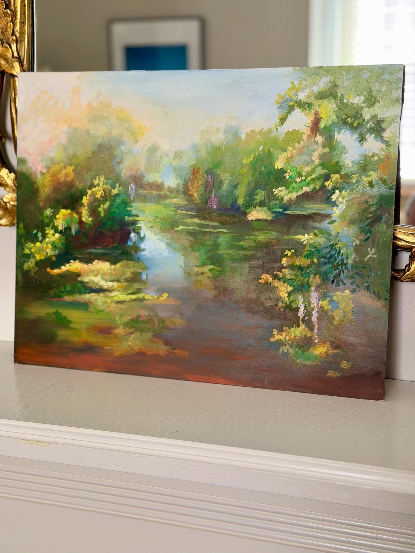 painterly lagoon oil painting on board