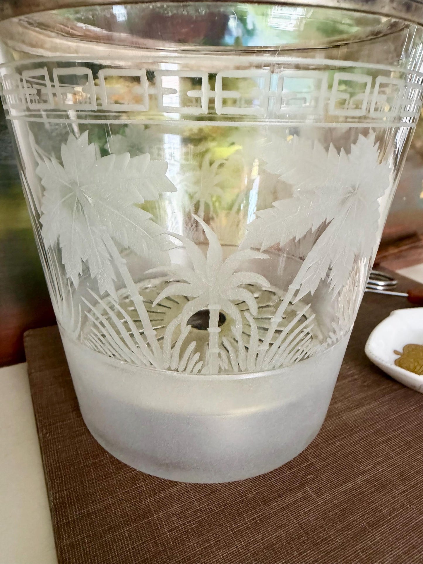 Art Deco Etched Glass Ice Bucket • Silver Plate Handle, Crane Palm Motif