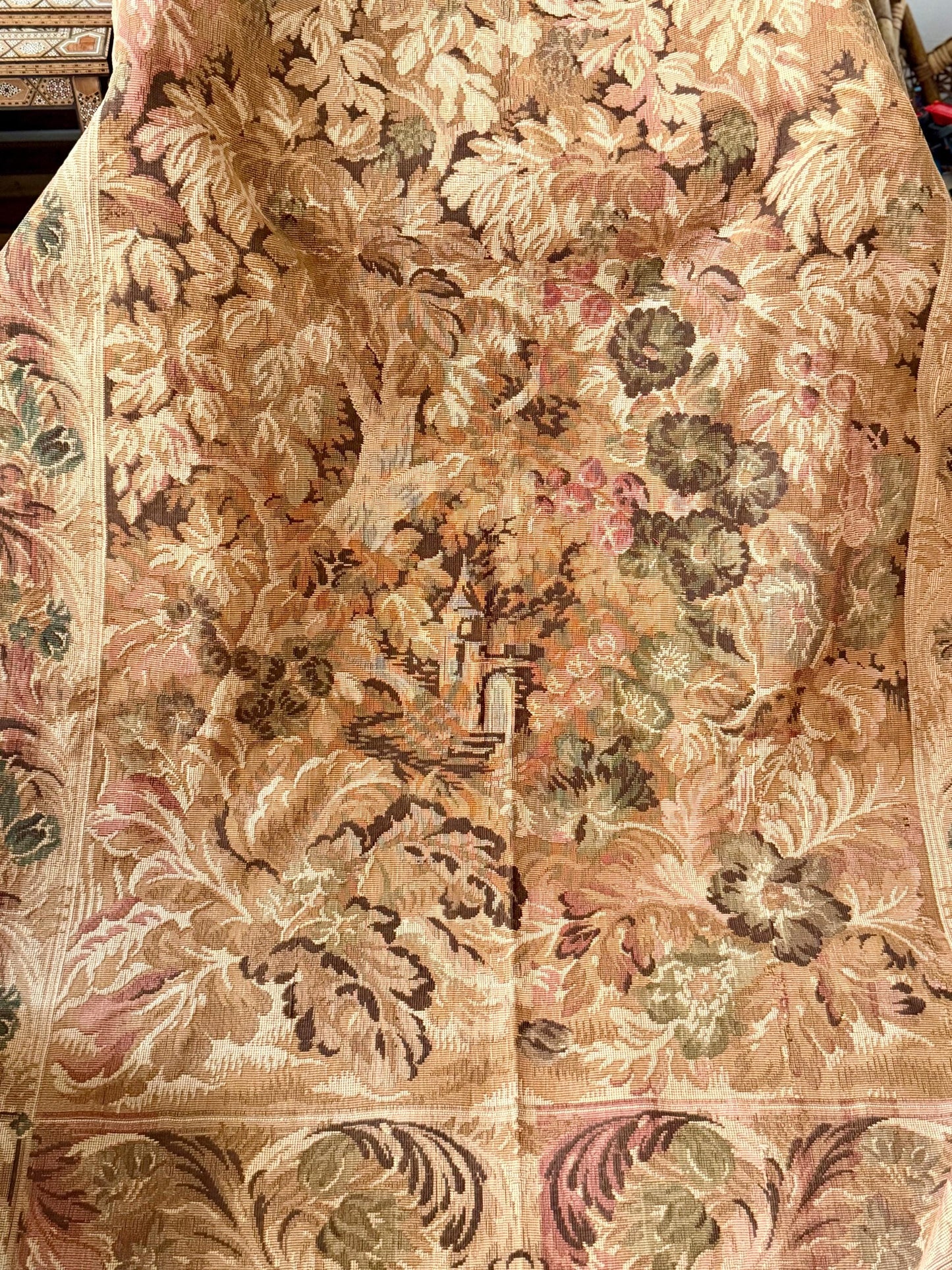 antique French Aubusson verdure tapestry in brown tones