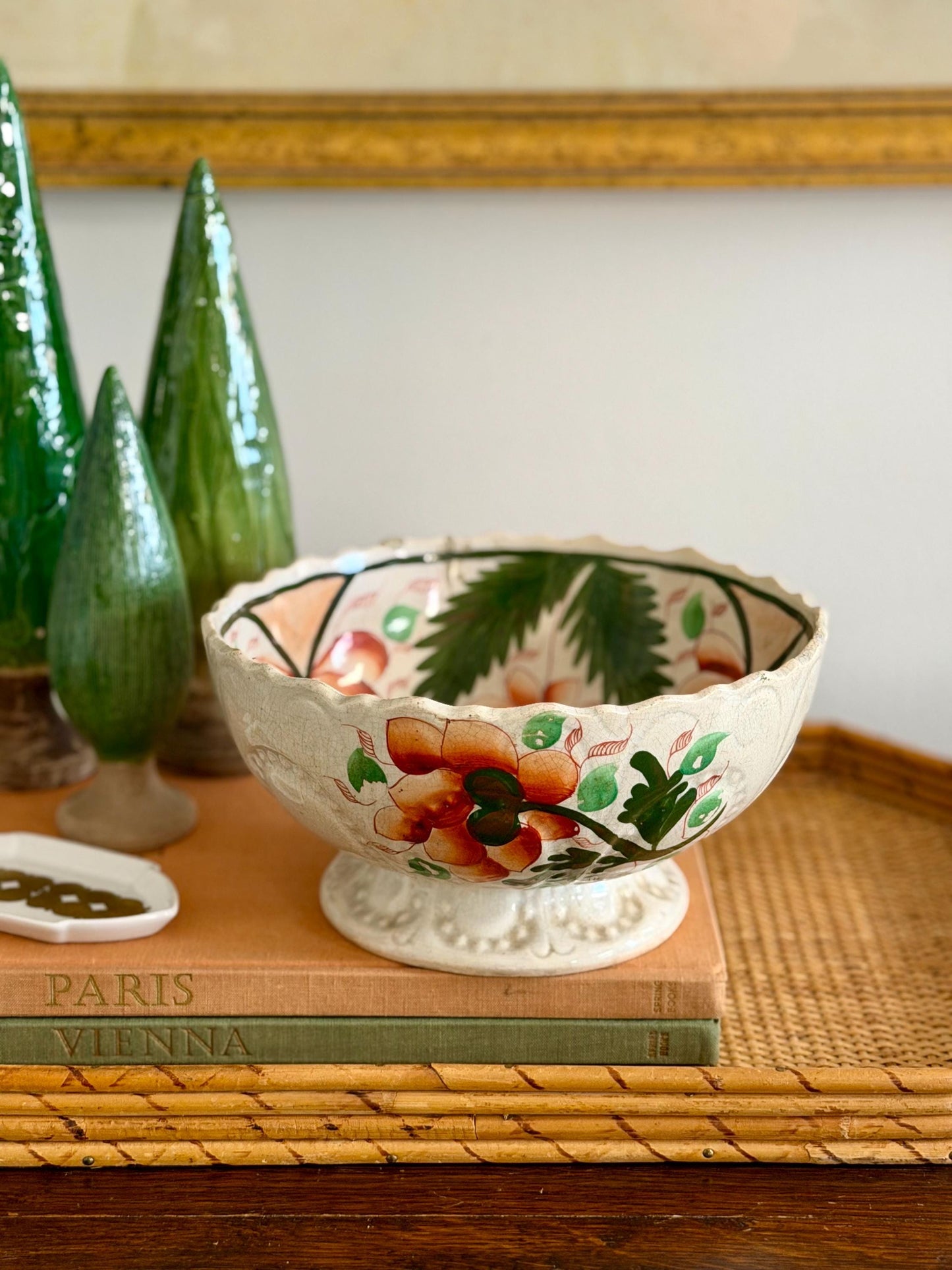 antique hand-painted French style faience scalloped pedestal bowl