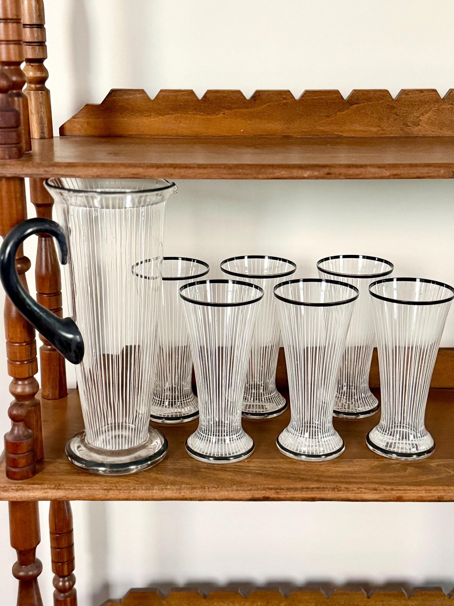 Art Deco black and white striped glasses and pitcher set