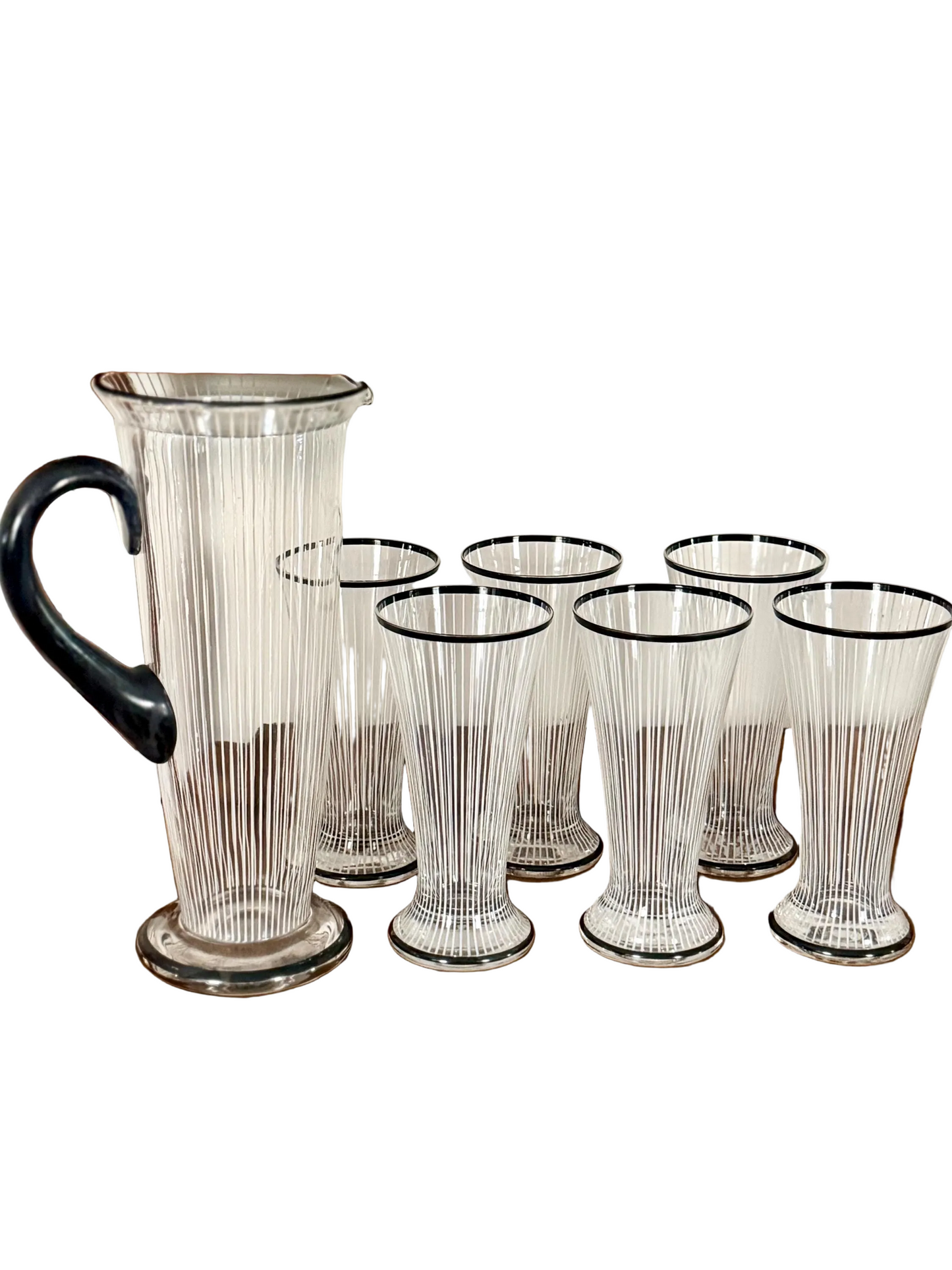 Art Deco black and white striped glasses and pitcher set