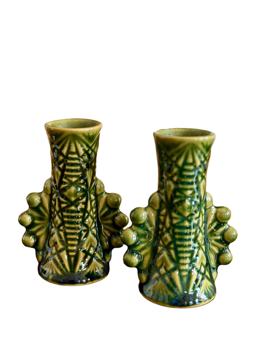 pair of vintage signed, green ceramic bud vases