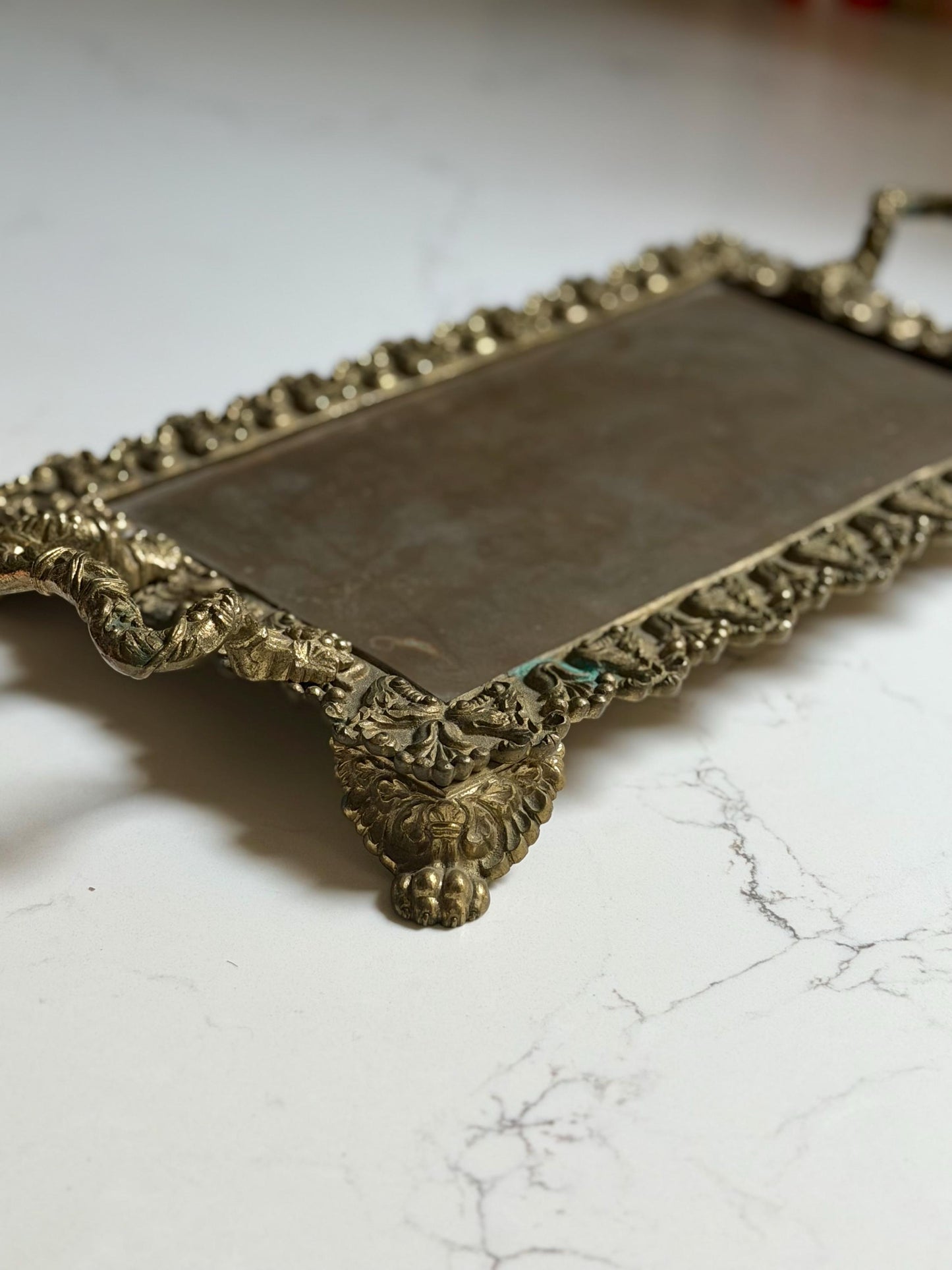 victorian style brass vanity tray with claw feet