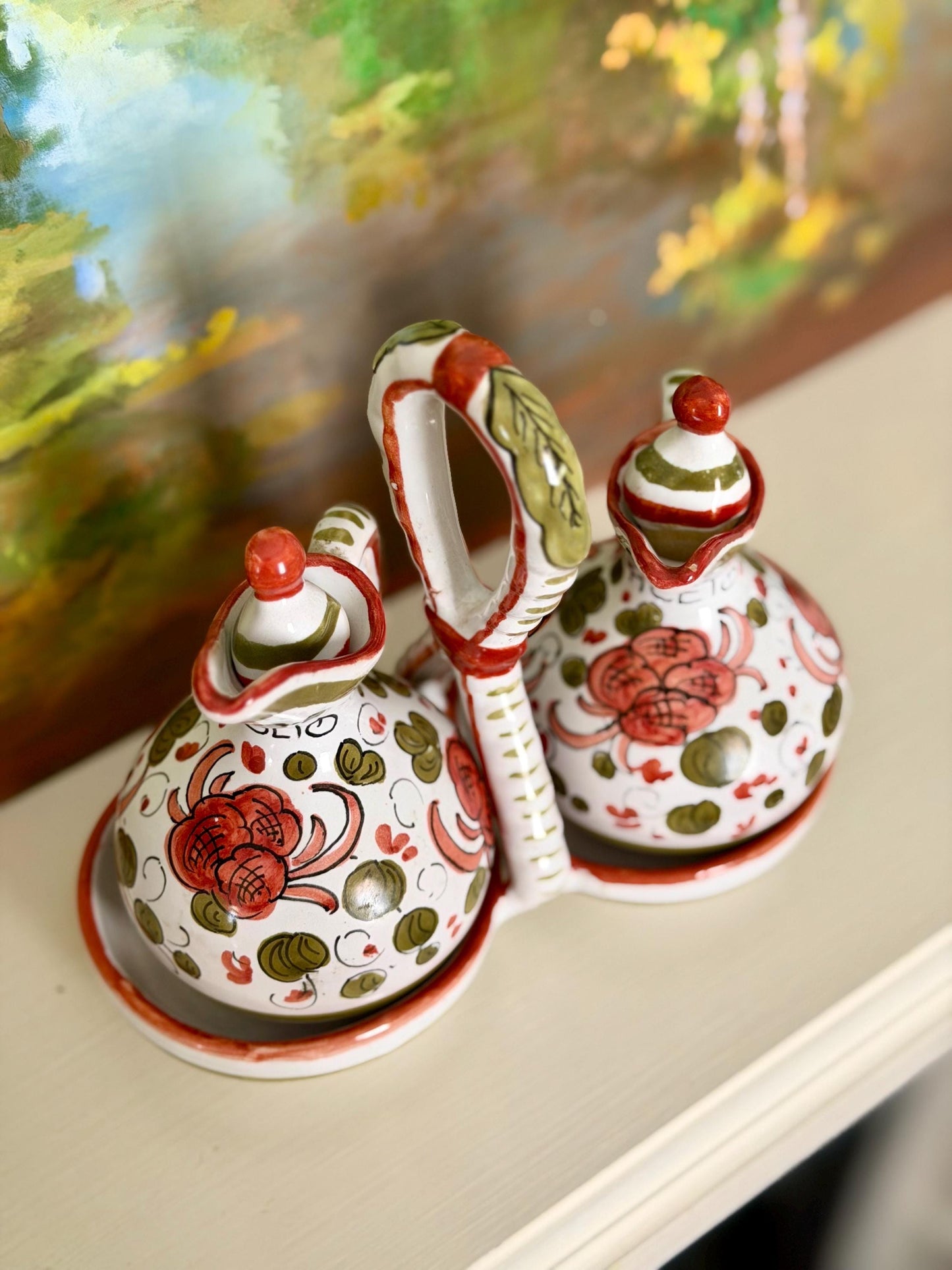 hand painted ceramic Italian oil and vinegar cruet set