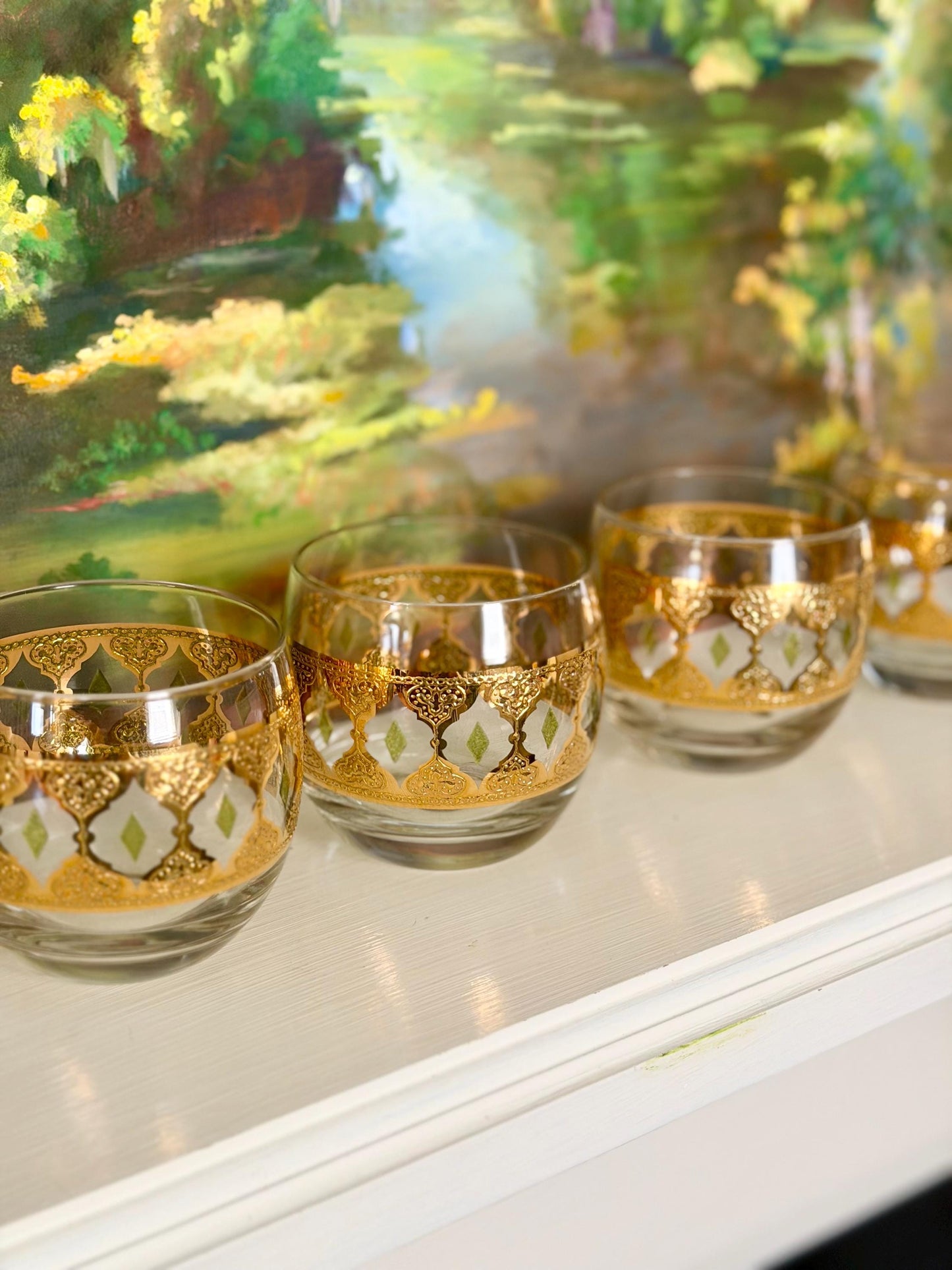 Culver Valencia green and gold roly poly glasses, set of 4