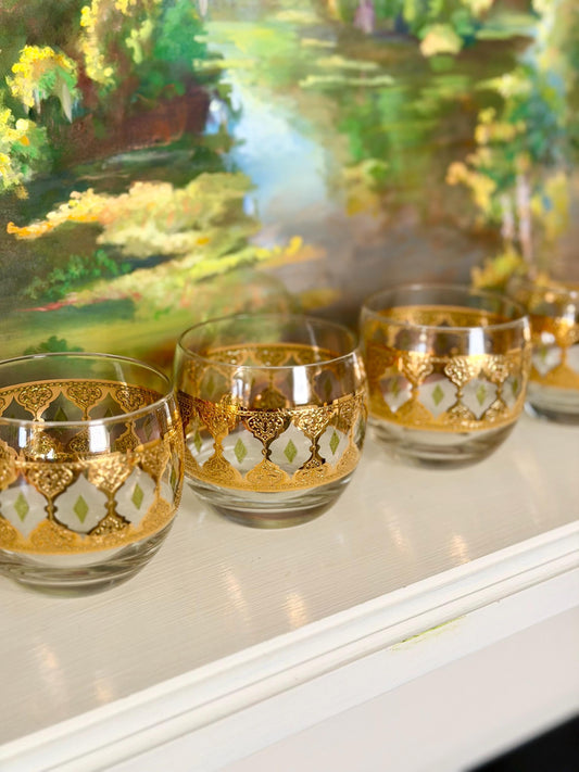 Culver Valencia green and gold roly poly glasses, set of 4