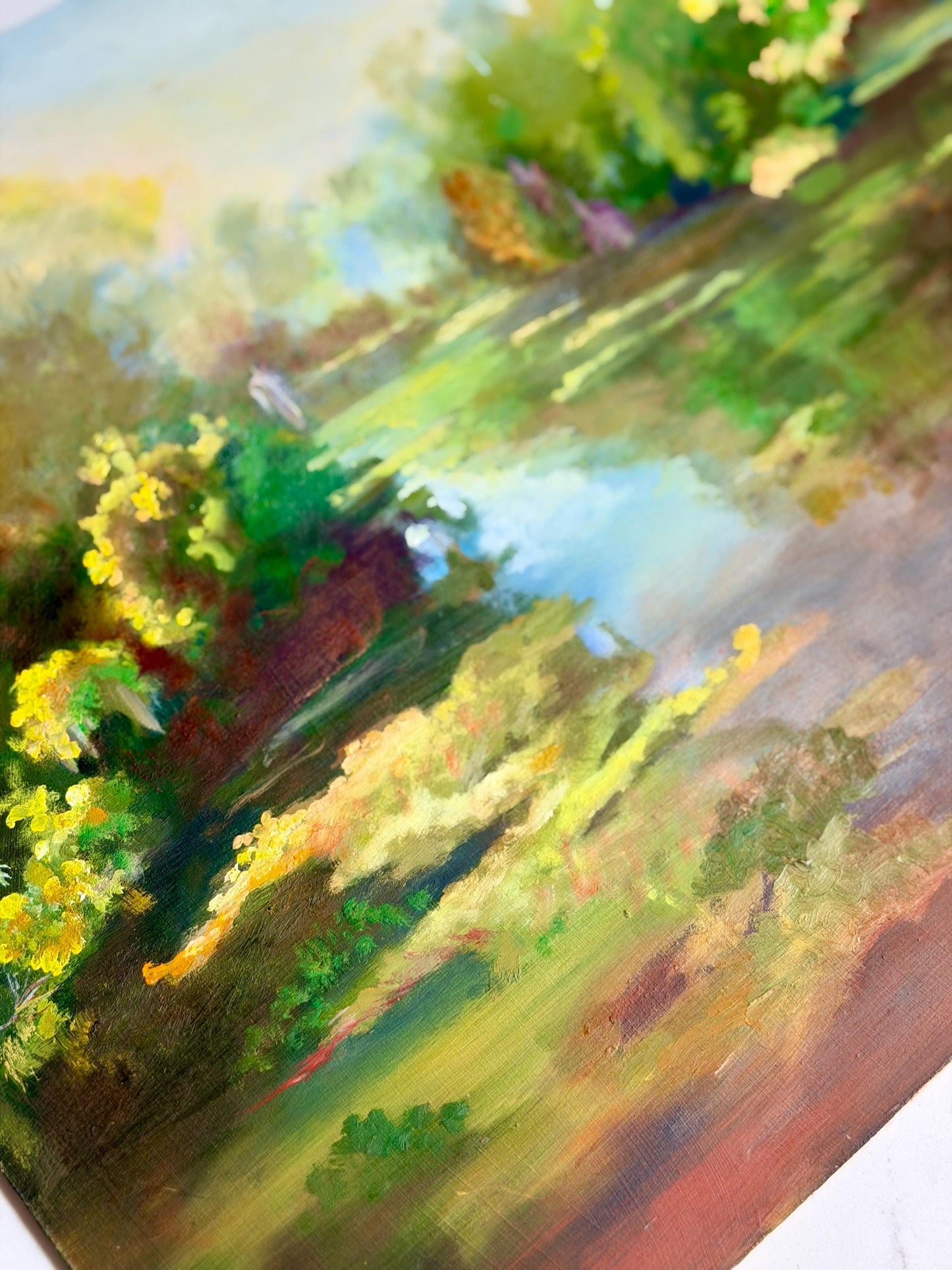 painterly lagoon oil painting on board