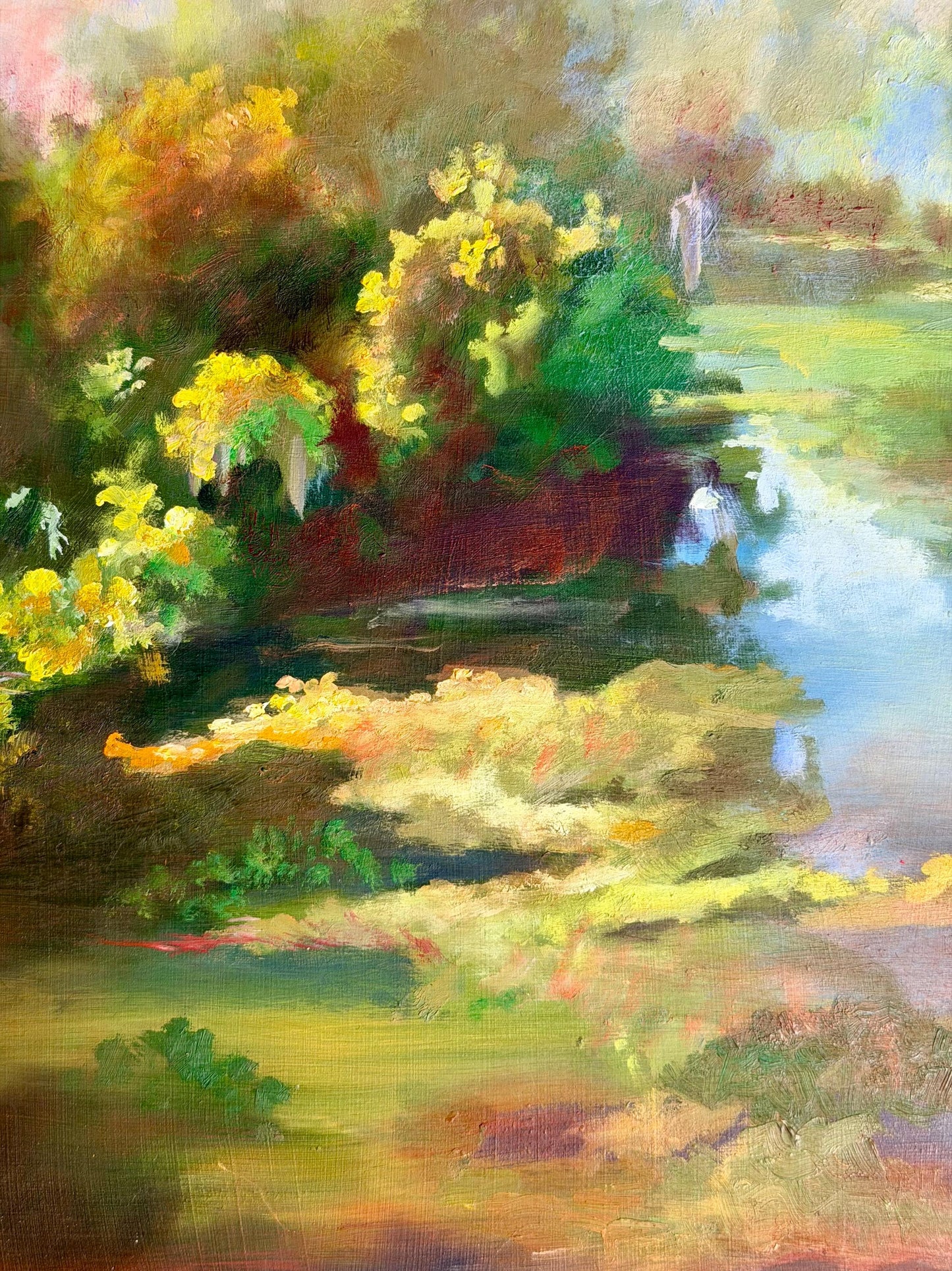 painterly lagoon oil painting on board
