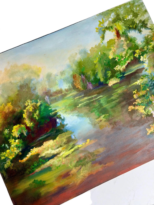 painterly lagoon oil painting on board