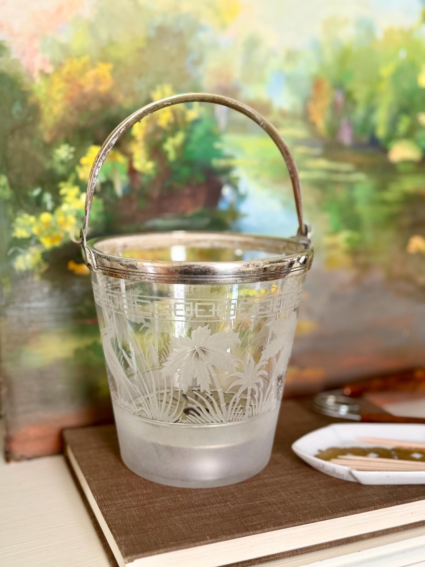 Art Deco Etched Glass Ice Bucket • Silver Plate Handle, Crane Palm Motif