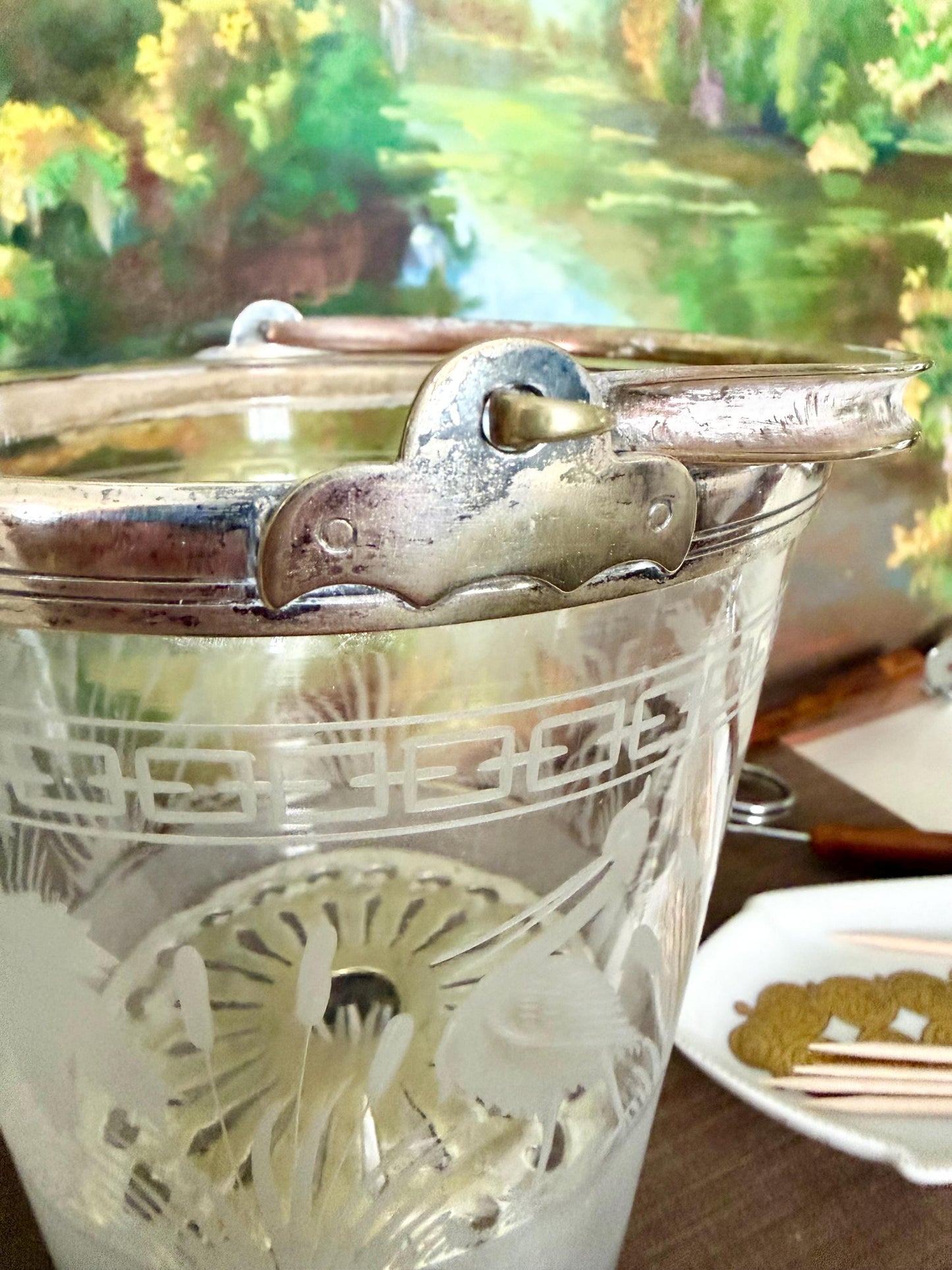 Art Deco Etched Glass Ice Bucket • Silver Plate Handle, Crane Palm Motif