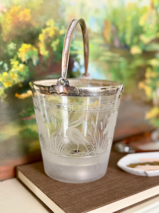 Art Deco Etched Glass Ice Bucket • Silver Plate Handle, Crane Palm Motif