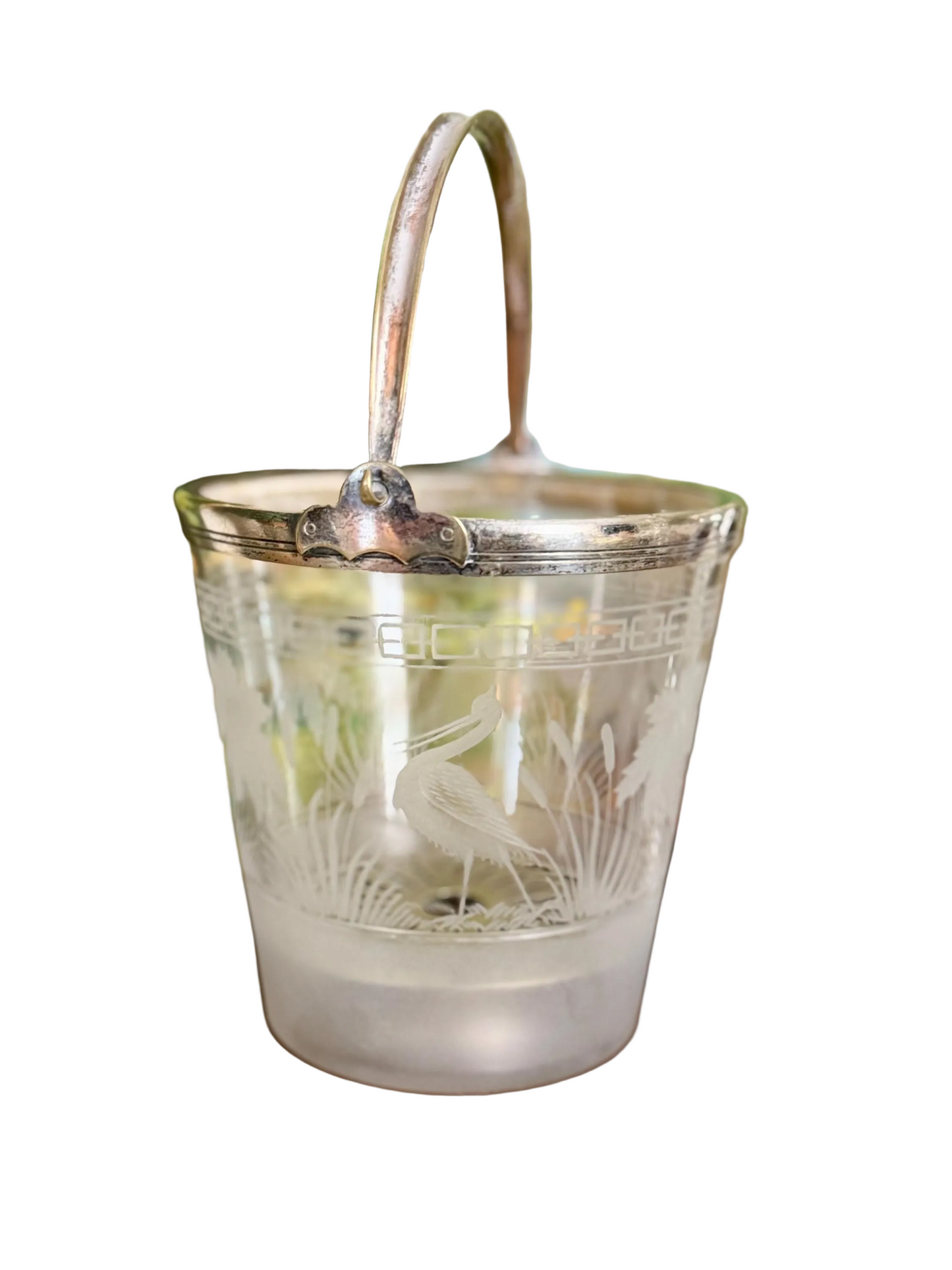 Art Deco Etched Glass Ice Bucket • Silver Plate Handle, Crane Palm Motif