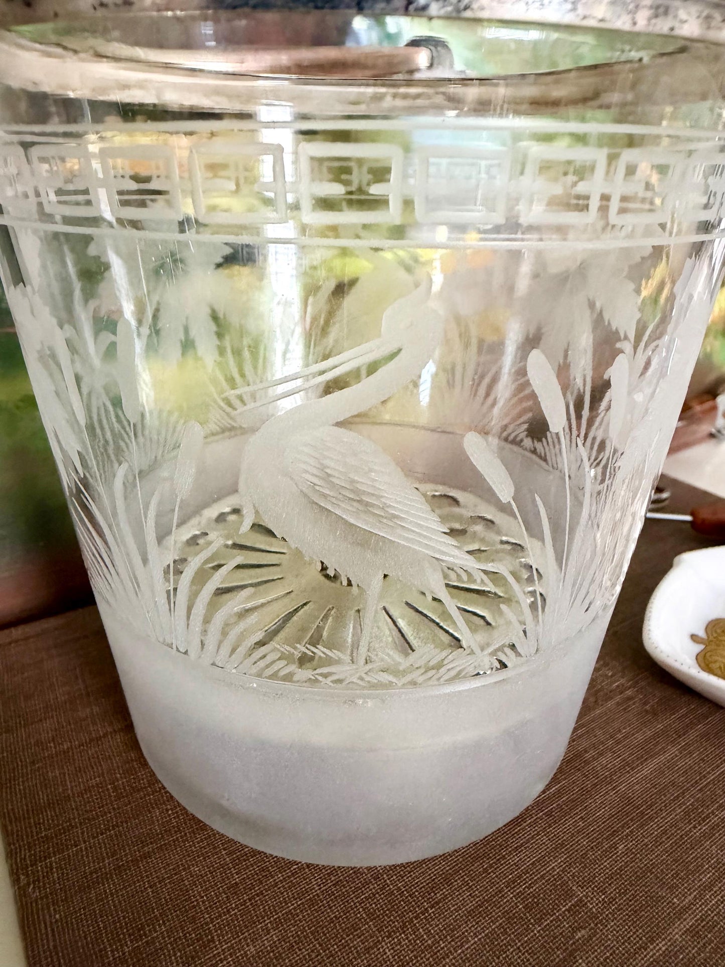 Art Deco Etched Glass Ice Bucket • Silver Plate Handle, Crane Palm Motif