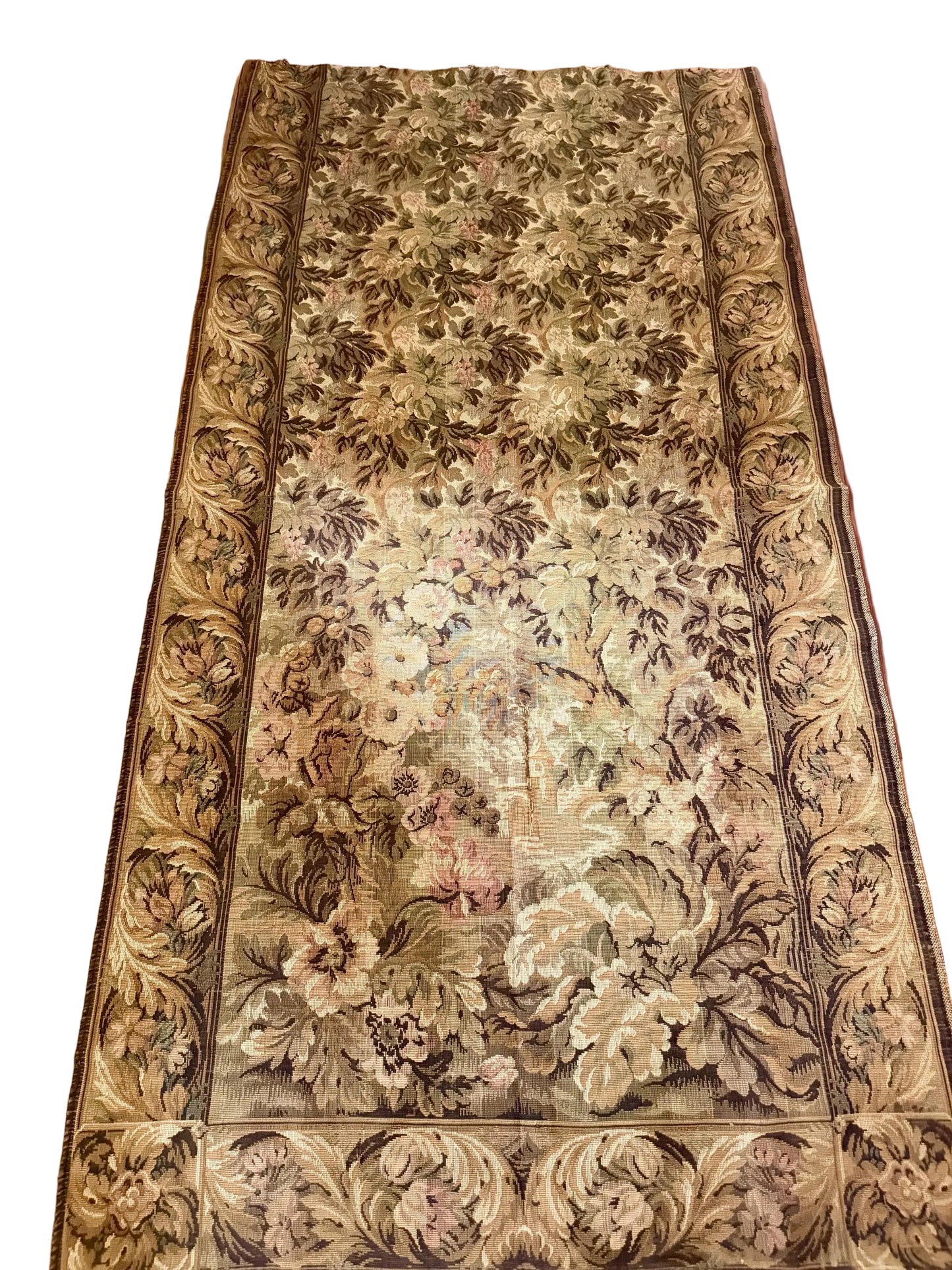 antique French Aubusson verdure tapestry in brown tones