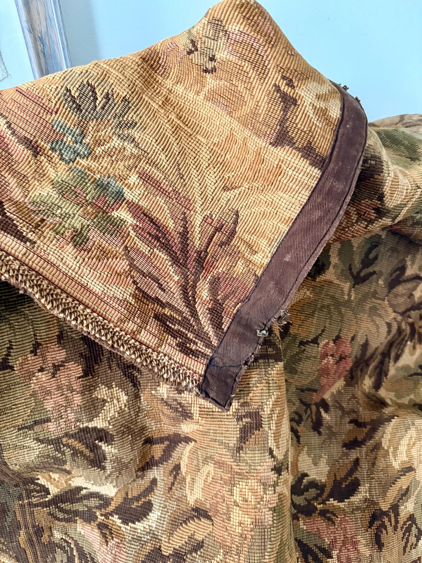 antique French Aubusson verdure tapestry in brown tones