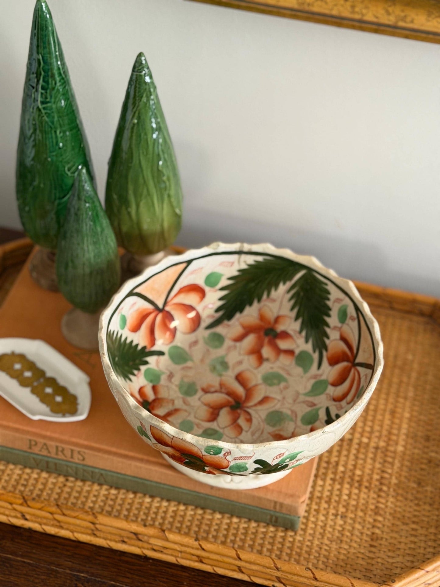 antique hand-painted French style faience scalloped pedestal bowl
