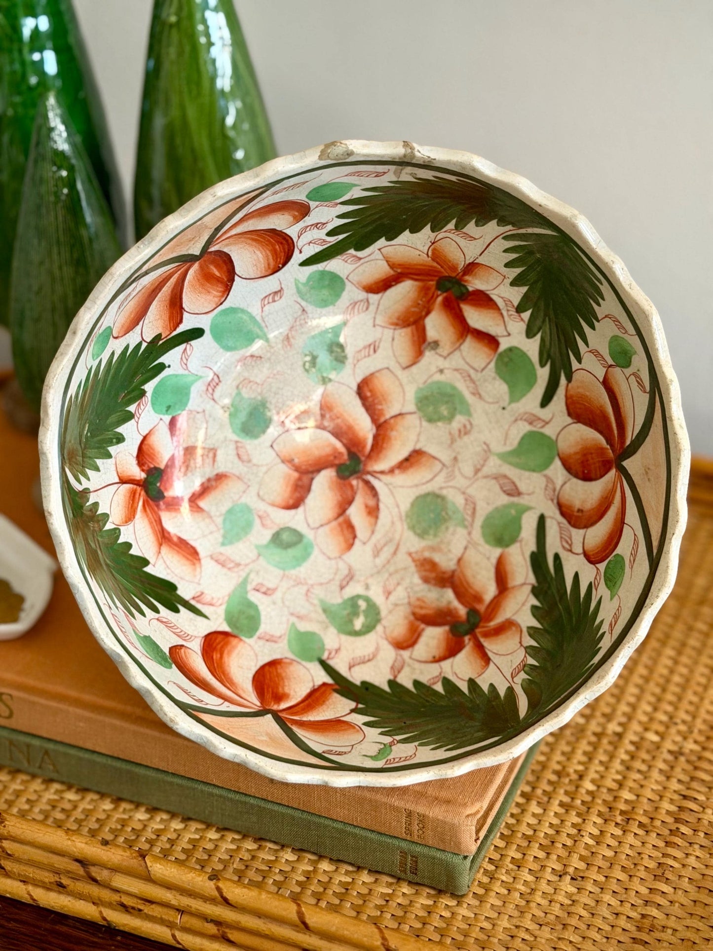 antique hand-painted French style faience scalloped pedestal bowl