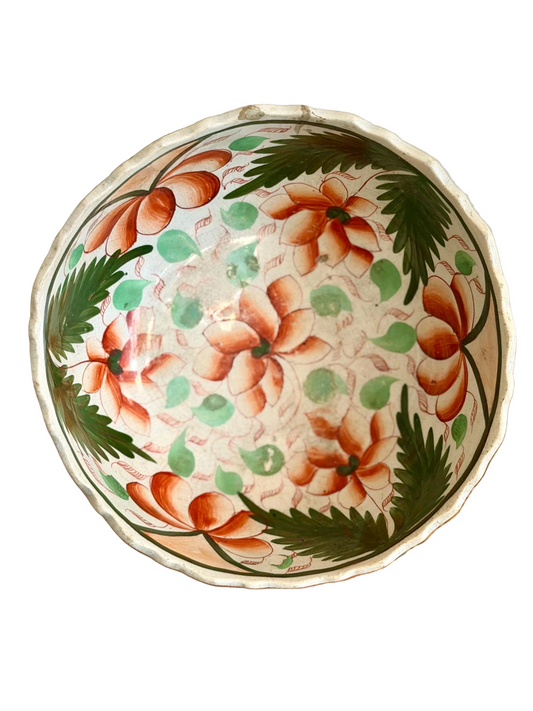 antique hand-painted French style faience scalloped pedestal bowl