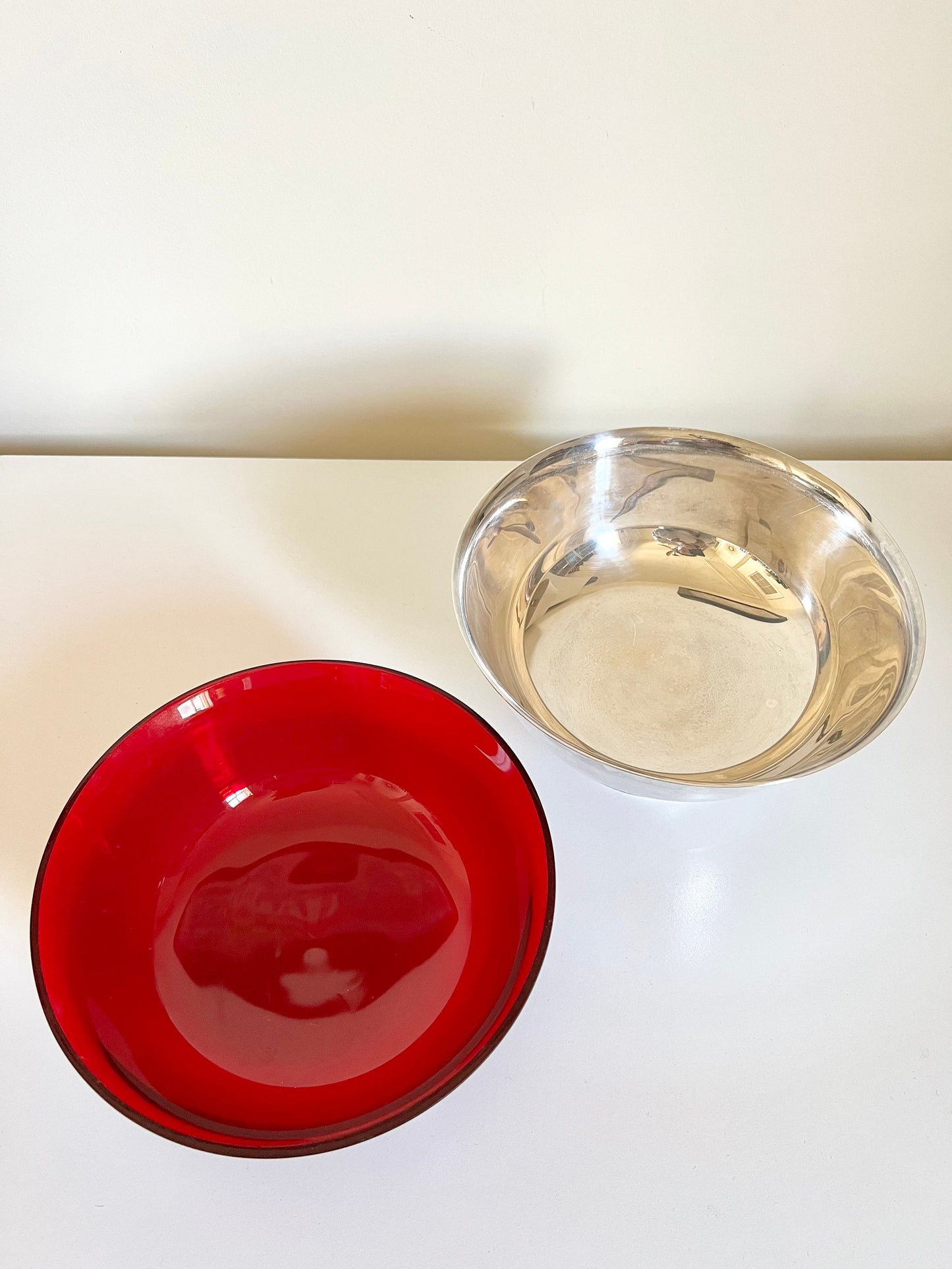 Vintage Gorham silver plate bowl with red glass insert